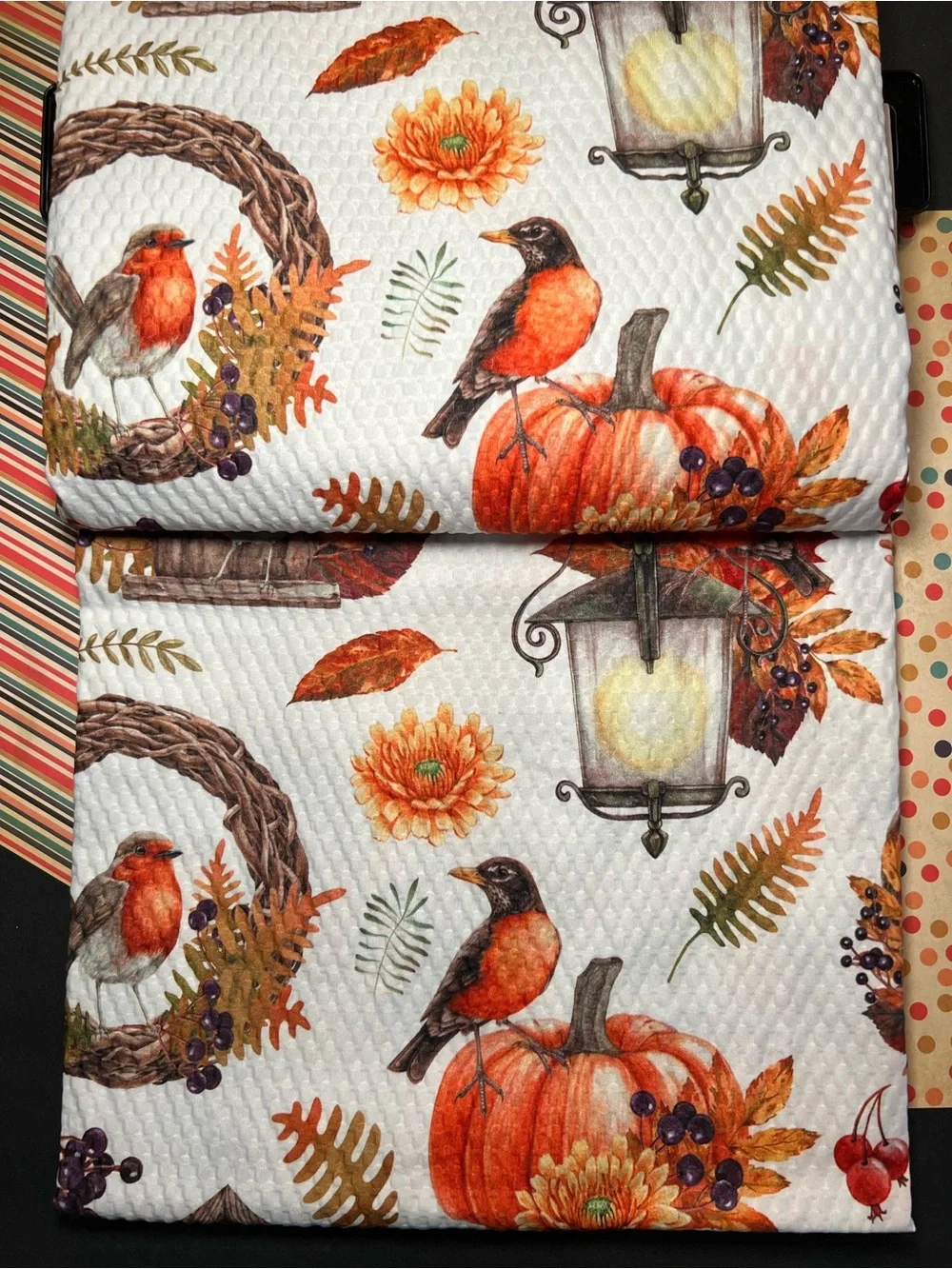 Autumn Birdhouse Textured Fabric Shower Curtain Birds Pumpkins Leaves Wreath